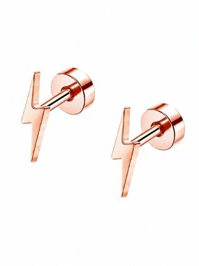 Rose Gold Lightning Bolt Flat Back Stud Earrings 20G Stainless Steel